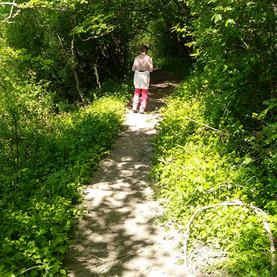 Liz leads the way down the other side of Butser Hill